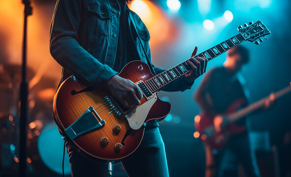 Live Rock Guitarist Playing Electric Guitar On Stage With Dynamic Lighting, Energetic Concert Performance And Vibrant Atmosphere