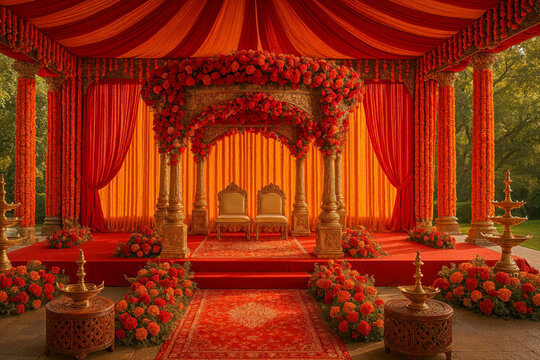 Traditional Indian Wedding Mandap Beautifully Decorated With Vibrant Red And Orange Flowers Golden Pillars And Luxurious Ceremonial Seating Arrangement