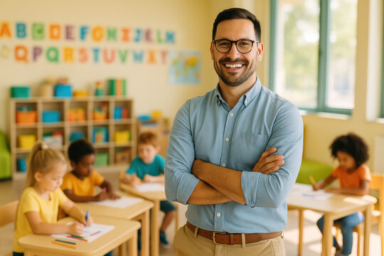 Happy Male Preschool Teacher Smiling Proudly In Learning Environment With Children Working At Tables