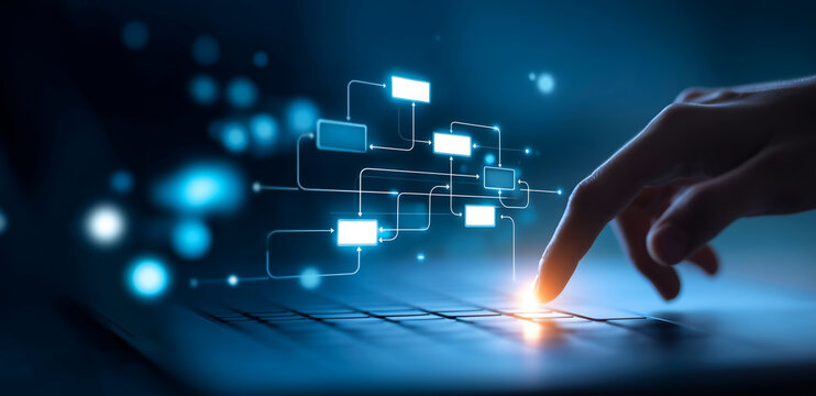 Futuristic User Interface With Digital Flowchart Elements Activated By Human Finger On Touchscreen
