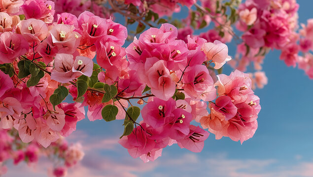 Pink Bougainvillea Flowers Blooming In Lush Clusters Against Soft Blue Sky On Peaceful Summer Day