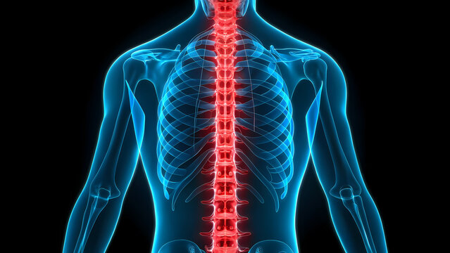 Human Spine Anatomy Illustration Highlighting Back Pain Area In Red For Medical Education And Healthcare Concept