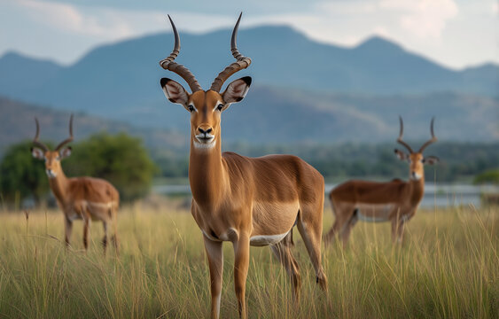 Group Of Antelope Standing In Grassy Savanna Landscape With Mountains Creating Serene Wildlife Scene In Natural Habitat