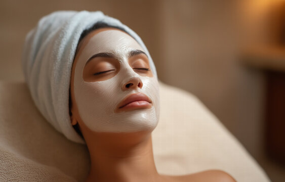 Young Woman With White Facial Mask And Head Towel Relaxing During Professional Skincare Treatment At Luxury Spa