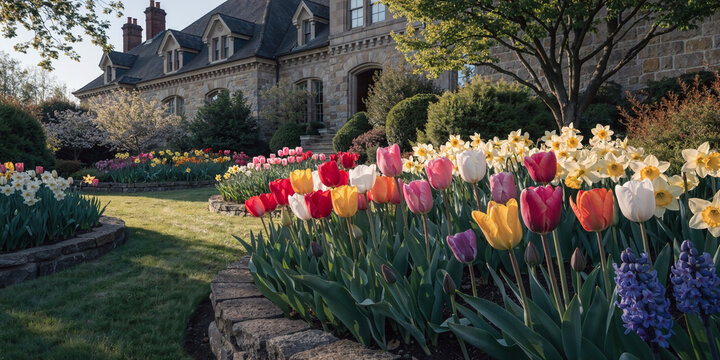 Professionally Landscaped Spring Garden With Colorful Tulips Daffodils And Hyacinths Beside Stone Mansion