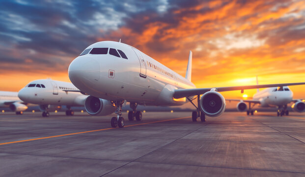 Commercial Airplanes Parked On Airport Tarmac At Sunset