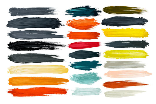 Colorful Paint Brush Strokes Set, Isolated On Transparent Background, Png