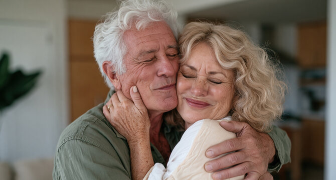 Affectionate Elderly Couple Sharing A Joyful Embrace In Warm Home Portrait