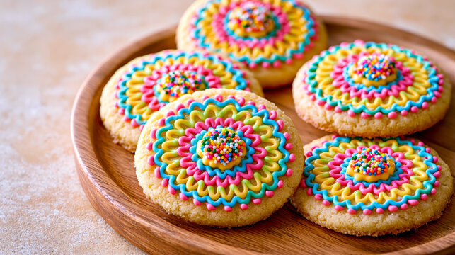 Decorated Sugar Cookies With Colorful Rainbow Icing On Round Wooden Plate