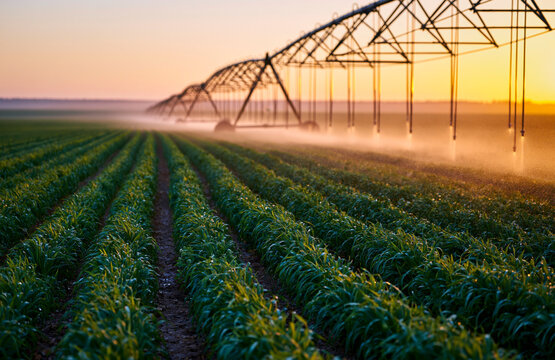 Center Pivot Irrigation System Watering Green Crop Rows In A Rural Farm Field At Sunset