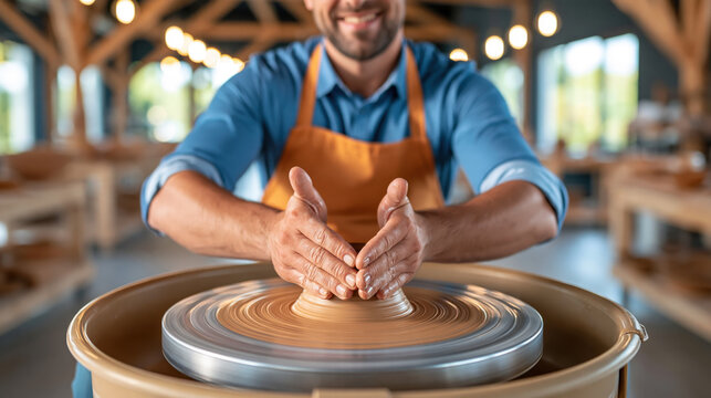 Potter shaping clay on a wheel
