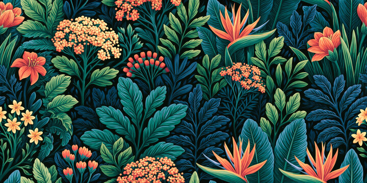 Colourful tropical leaves and flowers