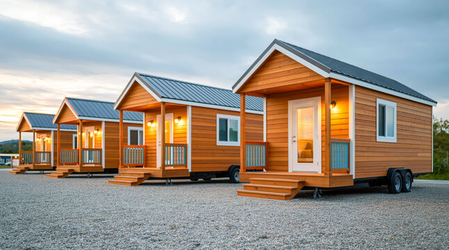 Tiny homes with illuminated porches at dusk