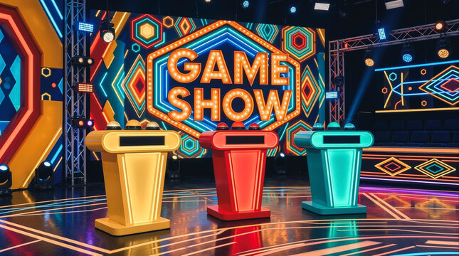 Three illuminated quiz-show podiums