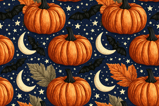 Pumpkins and crescent moons on navy