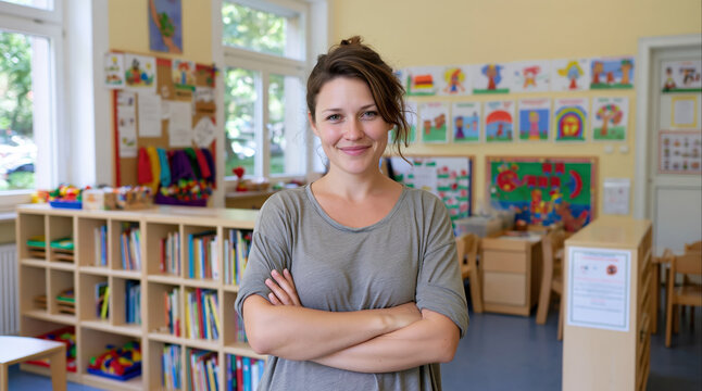 Kindergarten teacher in a colourful classroom