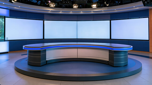Curved news desk with wide blank screens