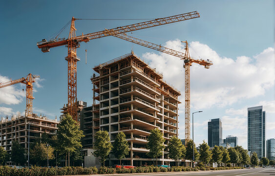 Modern High Rise Building Under Construction With Yellow Cranes Against Blue Sky In City Landscape Urban Environment
