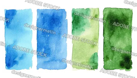 Abstract Blue And Green Watercolor Brush Strokes Set Isolated On Transparent Background, Hand Paint Texture, Png