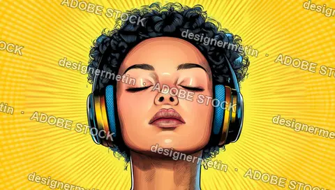 Pop Art Comic Style Portrait Illustration Of Woman With Headphones, Immersed In Music And Relaxation