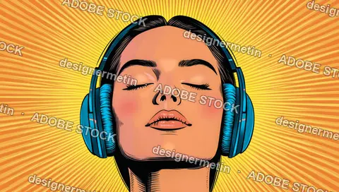 Pop Art Comic Style Portrait Illustration Of A Woman Enjoying Music With Headphones, Radiating Relaxation And Joy