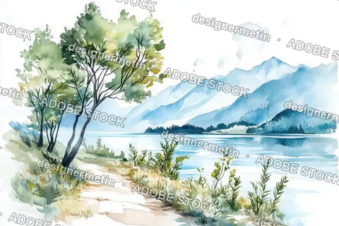 Peaceful Lakeside Path Watercolor Illustration With Mountains And Lush Greenery