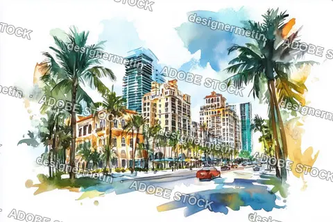 Watercolor Illustration Of Miami Street With Palm Trees And Modern Buildings