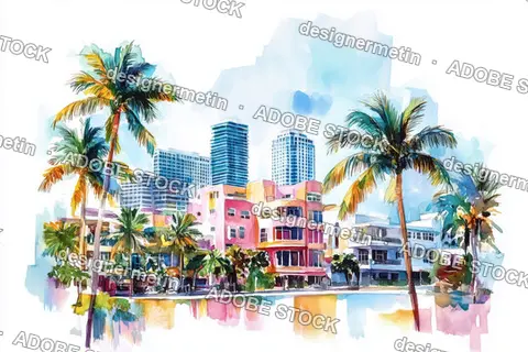 Watercolor Illustration Of Miami'S Colorful Art Deco Buildings And Palm Trees