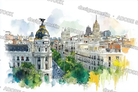 Watercolor Illustration Of Madrid Cityscape With Iconic Metropolis Building