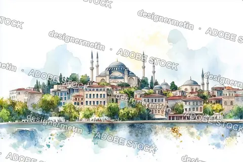 Watercolor Illustration Of Istanbul Featuring Historic Architecture And Minarets
