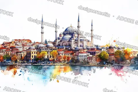 Watercolor Illustration Of Istanbul Featuring The Suleymaniye Mosque
