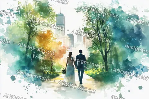 Romantic Wedding Couple Walking Through Scenic Park Watercolor Illustration 