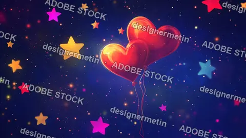 Heart Shaped Balloons Glowing Under A Starry Night Sky With Romantic Ambiance. A Romantic And Whimsical Illustration Perfect For Valentine'S Day, Love.