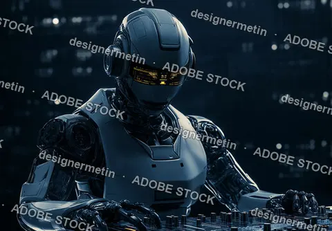 Futuristic Cyborg DJ Mixing Music With Advanced Technology In A Neon-Lit Night Scene