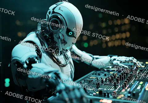 Futuristic Cyborg DJ Operating Advanced Music Mixer In A Neon-Lit Nightclub Scene