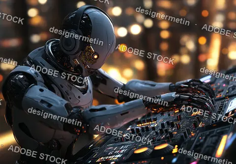 High-Tech Cyborg DJ Mixing Music With Glowing Equipment In A Vibrant Nightlife Setting