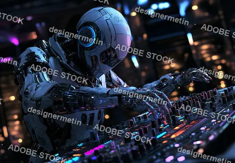 Advanced Cyborg DJ Mixing Music With Glowing LED Controls In A Futuristic Nightclub Scene