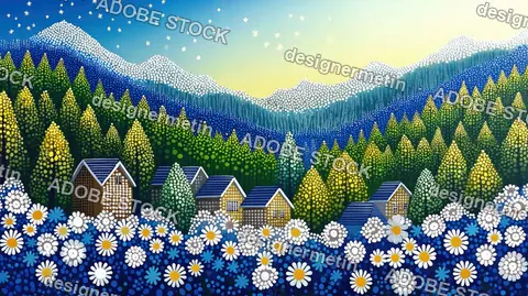 Peaceful Mountain Village Pointillism Paint Illustration Surrounded By Blooming Daisies And Lush Pine Forest At Sunrise