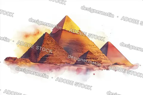 Vibrant Watercolor Depiction Of Egyptian Pyramids With Warm Sunset Tones In Desert Scenery