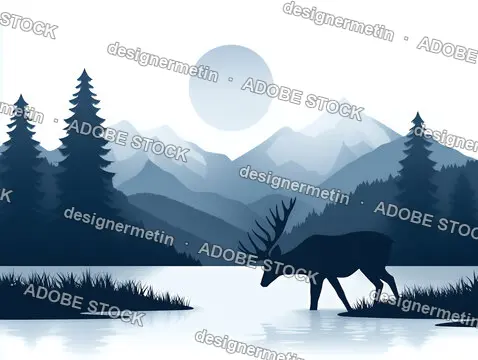 Peaceful Deer Standing By A Serene Lake Surrounded By Mountains And Forest In Paper Cut Style