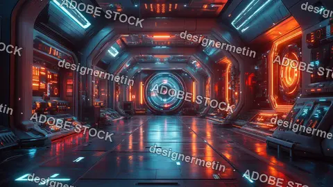 Futuristic Sci-Fi Corridor With Glowing Neon Blue And Orange Lights, Reflective Surfaces, And Advanced Technological Details.