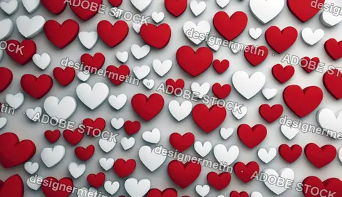 Modern Valentine’S Day Pattern With Red And White 3D Hearts On A Soft Gray Background