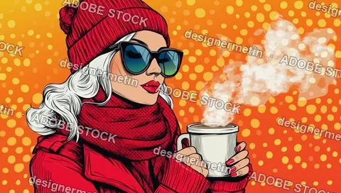 Retro Pop Art Woman Wearing Winter Fashion With Sunglasses Holding Steaming Coffee Against Vibrant Orange Background