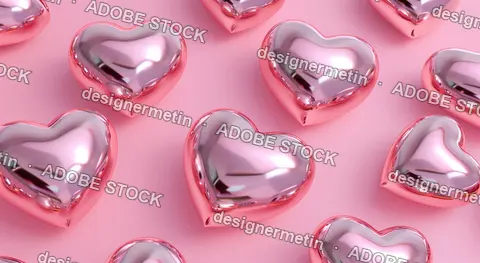Shiny Chrome Pink Heart Balloons Scattered On Pastel Pink Background, Romantic Valentine’S Day Decorative Design
