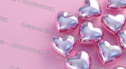 Shiny Chrome Pink Heart Balloons Clustered On Pastel Pink Background,  Romantic Valentine’S Day Dreamy Love Aesthetic