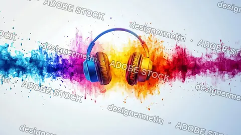 Vivid Headphones With Colorful Paint Splash Sound Waves Music Energy And Sound Expression Concept