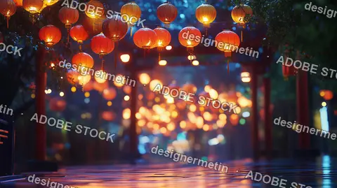 Traditional Chinese Lanterns Hanging In A Row On A Rainy Night During A Festival