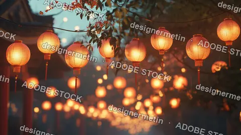 Traditional Chinese Lanterns Hanging At Night During A Festival Celebration