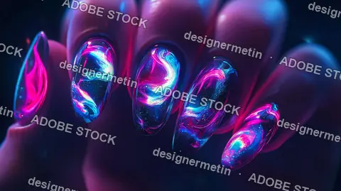 Futuristic Neon Glossy Acrylic Nail Art With Glowing Pink And Blue Holographic Design