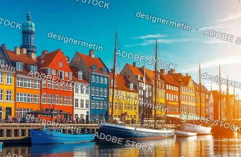 Scenic View Of Colorful Waterfront Buildings And Boats Along Canal In Copenhagen On A Sunny Day. Tour Tourism Exploring